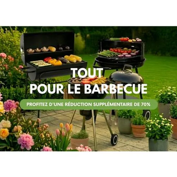Outdoor barbecue setup with grills loaded with food, surrounded by blooming flowers. French text: "Tout pour le barbecue", 70% discount offer.