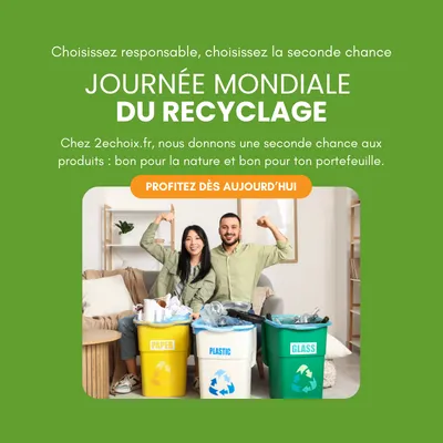 A happy couple sits on a sofa next to recycling bins labeled paper, plastic, and glass. Text above promotes World Recycling Day.