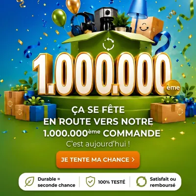 Celebratory graphic for the 1,000,000th order with gift boxes, balloons, and confetti. French text and a "Je tente ma chance" button below.