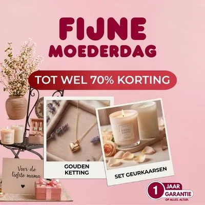 Mother's Day sales poster featuring 70% discount on a gold necklace and scented candle set, with a decorative display and gift card.