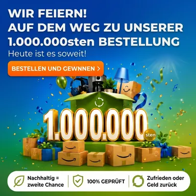 Celebratory graphic for achieving 1,000,000 orders with gift boxes, confetti, and promotional text in German.