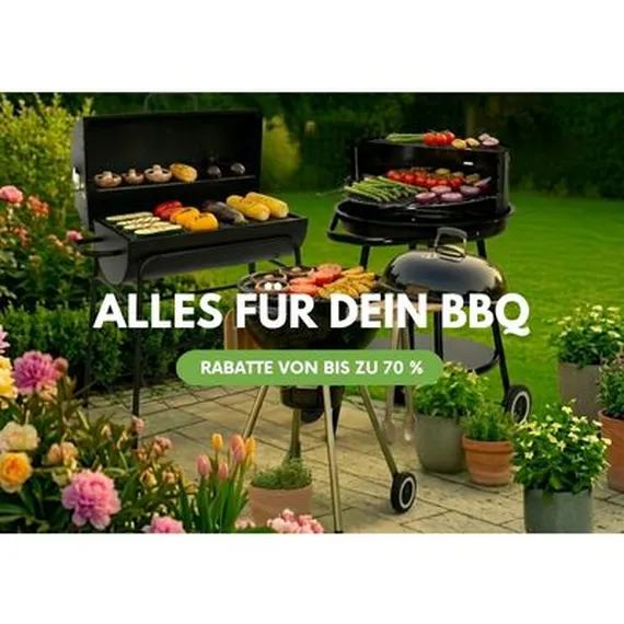 Outdoor BBQ setup with grills full of food, surrounded by flowers. Text: "ALLES FÜR DEIN BBQ" and "RABATTE VON BIS ZU 70 %".