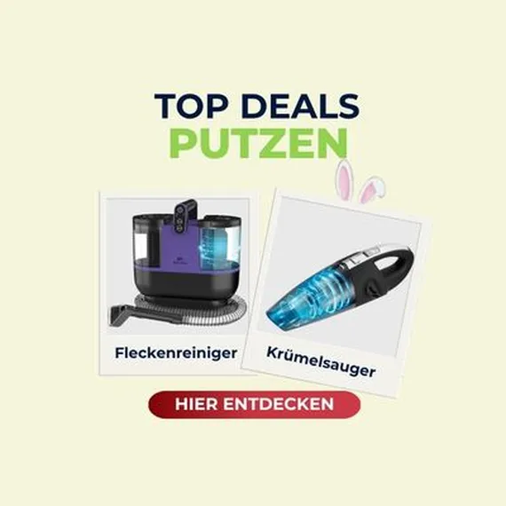 Ad showcasing cleaning deals featuring a purple stain cleaner and a blue crumb vacuum, with text in German and a red button below.