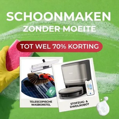 Ad for cleaning products with a scrub brush and robot vacuum, showing a 70% discount. Background has a hand in a glove holding a pink sponge.