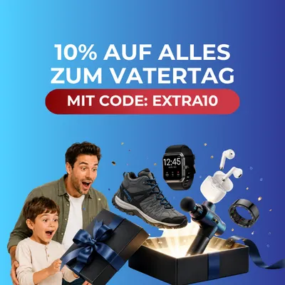 Father and son excitedly open gift box with smartwatch, sneakers, earbuds, massage gun, and ring. "10% auf alles zum Vatertag" with code "EXTRA10".
