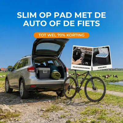 Car and bike on a countryside road with open trunk; text offers up to 70% off accessories like phone holders and coolers.