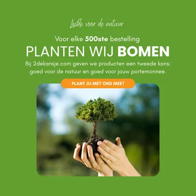 Hands holding a small tree against a green background with text promoting tree planting for the 500th order by 2dekansje.com.