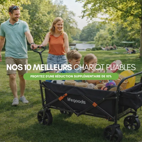 Family with two kids using a collapsible wagon in a park. Text overlay promotes a 10% discount on foldable carts.