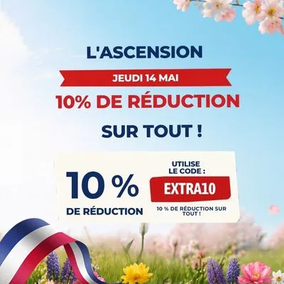 Spring-themed discount banner for Ascension, offering 10% off on May 14 using code "EXTRA10," with flowers and ribbon.