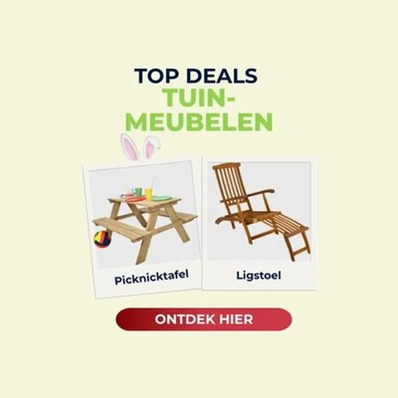 Graphic showing garden furniture deals: a wooden picnic table with accessories on the left and a reclining chair on the right. Dutch text included.