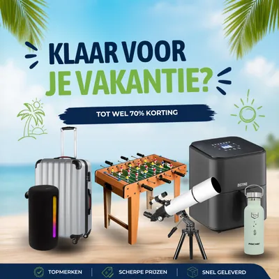 Vacation sale ad with suitcase, speaker, telescope, foosball table, mini fridge, and bottle on beach background. Text: "KLAAR VOOR JE VAKANTIE?"