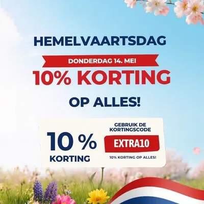 Spring flowers with text announcing "Hemelvaartsdag" on May 14. Offers 10% discount with code EXTRA10. Dutch flag accent.