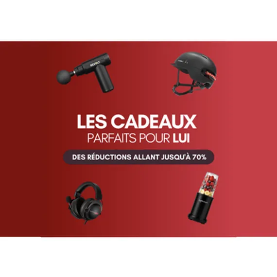 Red background with French text promoting gifts for him, including a massage gun, helmet, headphones, and a blender. Discounts up to 70%.