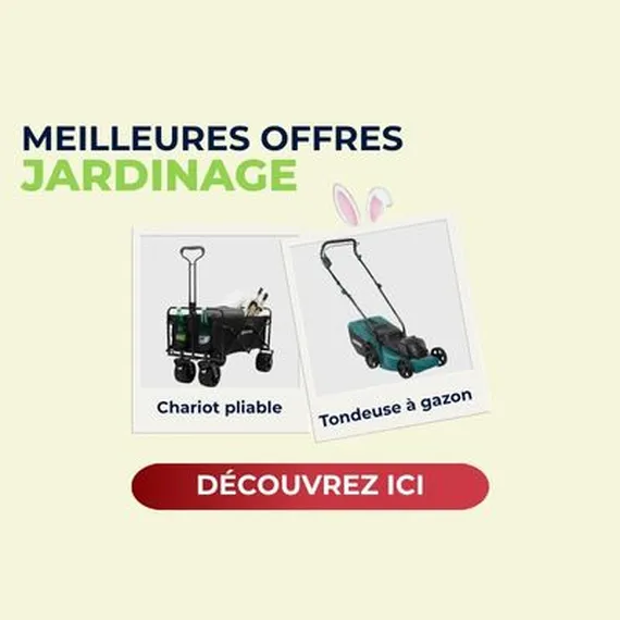Promotional image for gardening offers featuring a foldable cart and a lawnmower. Text reads "Meilleures Offres Jardinage" and "Découvrez ici."