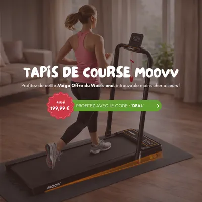 Person running on a Moovv treadmill in a living room. Promotional text and discount details displayed at the top and side.