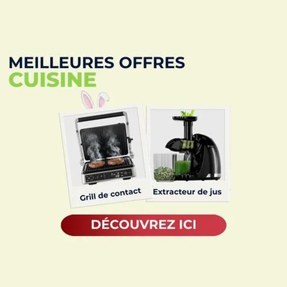 Promotional image featuring a contact grill with food and a juicer. Text highlights "Meilleures Offres Cuisine" and "Découvrez Ici".