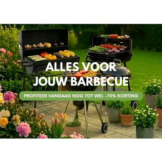 Two outdoor barbecues with various foods, surrounded by potted flowers. Text advertising barbecue items and discounts.