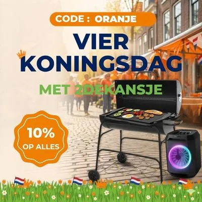 Outdoor grill and speaker on a street for Kingsday celebration, text offers 10% discount with code "ORANJE," flags and tulips in foreground.