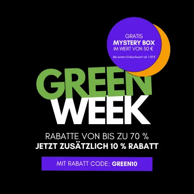 Promotional banner for "Green Week" featuring household appliances and beauty products with discounts and a mystery box offer.