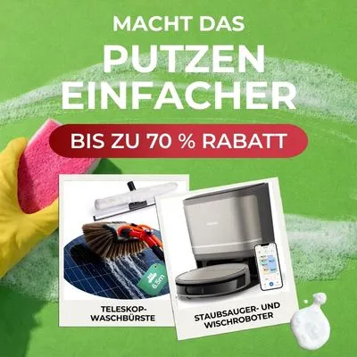 Promotion for cleaning products with up to 70% discount, showing a telescopic cleaning brush and a vacuum-mop robot against a soapy background.