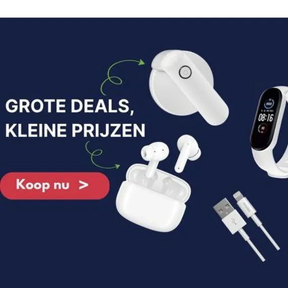 White earbuds, smartwatch, and charging cable on a blue background. Text: "Grote deals, kleine prijzen." Button: "Koop nu."