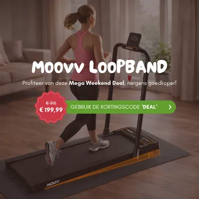 Woman jogging on a treadmill labeled "Moovv Loopband" with a promotional discount offer displayed in Dutch.