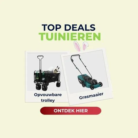 Advertisement for gardening deals featuring a foldable trolley and a lawnmower, with a "Discover Here" button below.