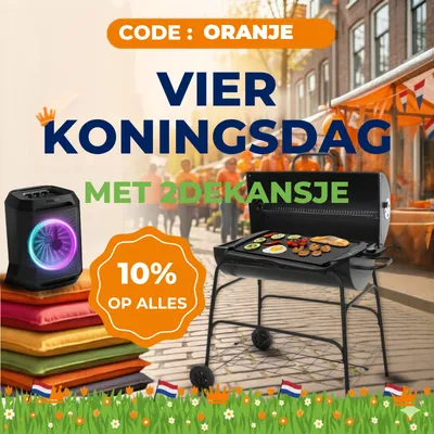 Promo for Koningsdag: BBQ with food, speaker on colorful cushions, 10% off, code "ORANJE," festive street background with Dutch flags.