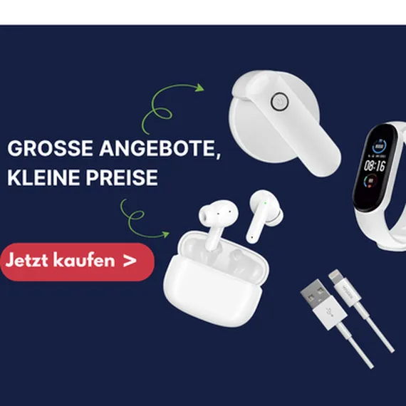 White wireless earbuds, a fitness tracker, and a charging cable are displayed against a dark background with text in German promoting offers.