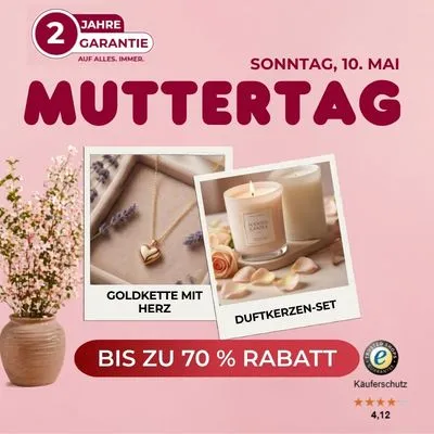 Mother's Day promotion with gold heart necklace, scented candle set, and floral decoration. Up to 70% off.