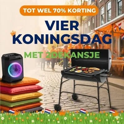 Discount advertisement for Koningsdag with a grill, a speaker, and colorful cushions, featuring a festive street scene with Dutch flags.