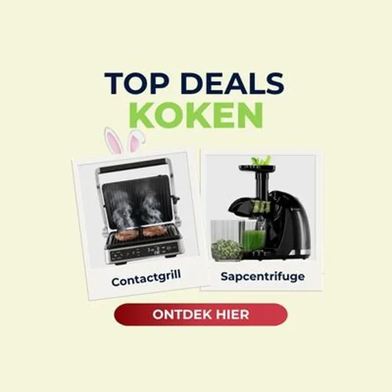 Top cooking deals with images of a contact grill and juicer. Dutch text: "TOP DEALS KOKEN" and "ONTDEK HIER."