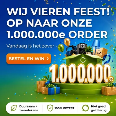 Celebratory banner with "1.000.000e ORDER" in Dutch, orange button, icons for sustainability, testing, and money-back guarantee.