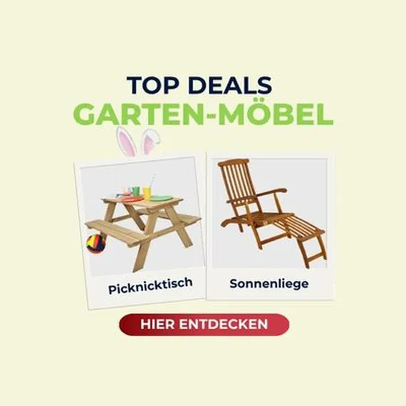 Ad for garden furniture deals: a picnic table with dishes and a sun lounger. Text in German with a "Discover Here" button.