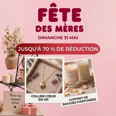 Mother's Day promotion with gifts: gold heart necklace, scented candles, and decorative items, offering up to 70% off.