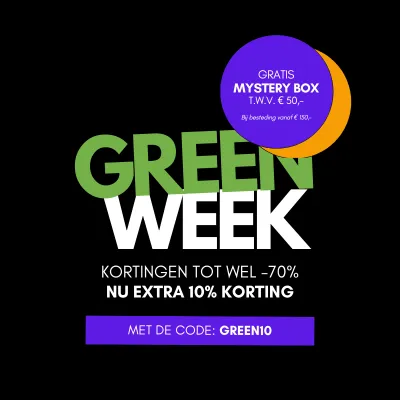 Promotional banner for "Green Week" featuring household appliances and beauty products with discounts and a mystery box offer.