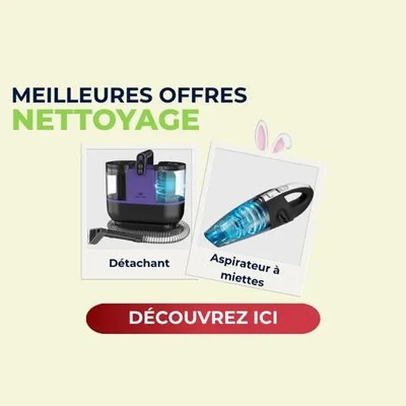 Ad for cleaning offers featuring a vacuum cleaner and a handheld vacuum, with a "Découvrez ici" button.