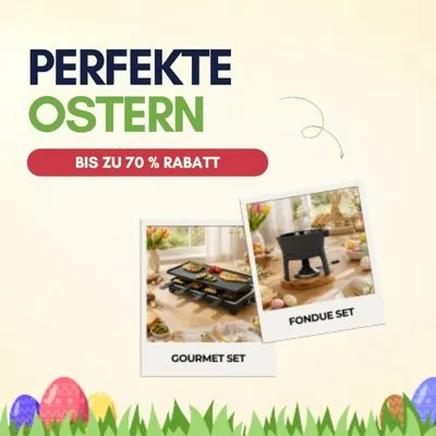 Easter sale banner with "Perfekte Ostern" text; images of a gourmet set and fondue set on a festive table, colorful eggs at the bottom.
