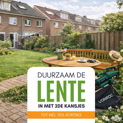 A backyard garden with a circular wooden table and chairs, surrounded by green grass and potted plants. Text about discounts and sustainability.