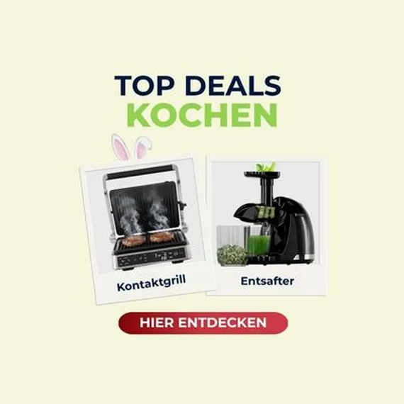 Advertisement with text "Top Deals Kochen" featuring images of a contact grill with food and a juicer with green juice.