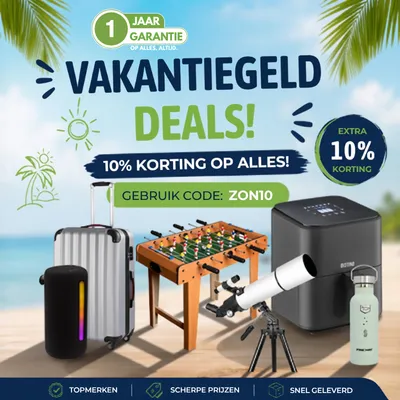 Tropical-themed ad for holiday deals featuring luggage, speaker, foosball table, telescope, fridge, and bottle. Text offers 10% discount with code ZON10.