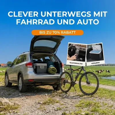 Car with open trunk holding camping gear, parked by a bicycle in a scenic field. Text promotes discounts on phone holders and cool boxes.