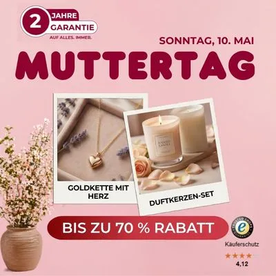 Muttertag sale ad with heart necklace and scented candles. Up to 70% off. Two-year warranty and buyer protection features included.