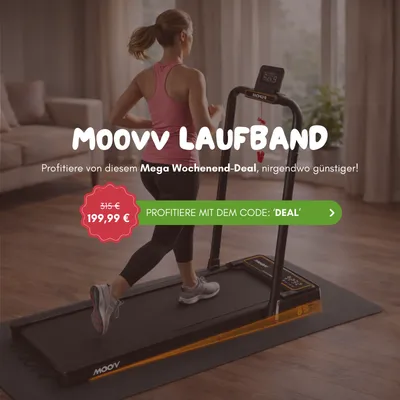 Woman jogging on a treadmill in a living room. Text overlay offers a discounted price of €199.99 for a weekend deal.