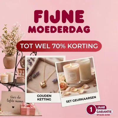 Pink Mother's Day sale banner featuring candles, a gold necklace, and text offering up to 70% off, with a 1-year guarantee label.