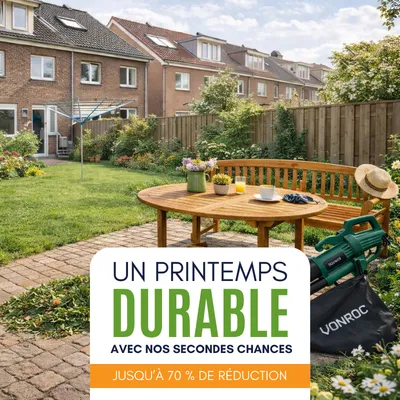 A garden with a wooden table and bench, surrounded by greenery. A promotional text overlay offers discounts.