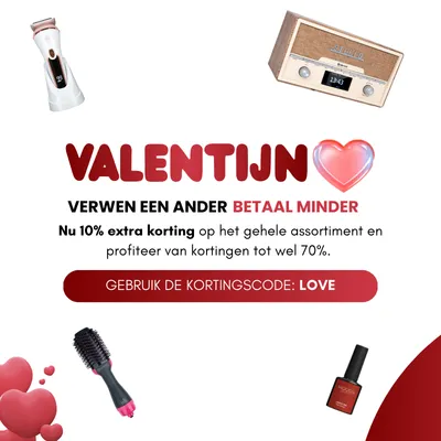 A Valentine’s Day sale banner with a hair dryer, shaver, radio, and nail polish. Dutch text offers discounts and a promo code: LOVE.