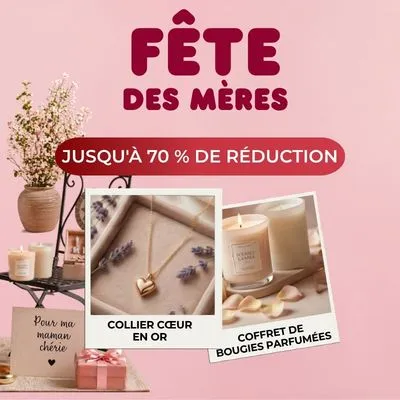 Mother's Day sale ad featuring gold heart necklace and scented candles with up to 70% discount on a pink background.