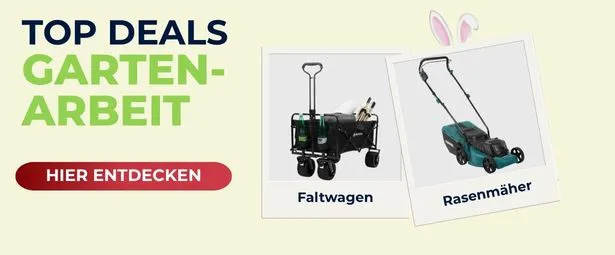 Advertisement for garden tools featuring a foldable cart and a lawnmower, with the text "Top Deals Gartenarbeit" and "Hier Entdecken."