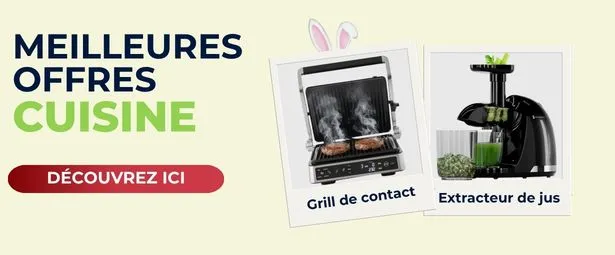 Promotional banner: "Meilleures Offres Cuisine" featuring a contact grill cooking burgers and a juicer with green juice. Button: "Découvrez Ici."